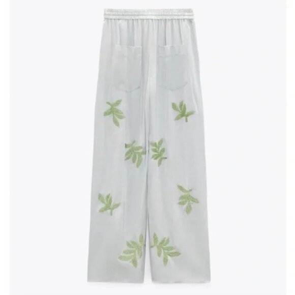 Zara Blue Satin Leaf Beaded Drawstring Waistband Wide Leg Pants - Picture 4 of 8